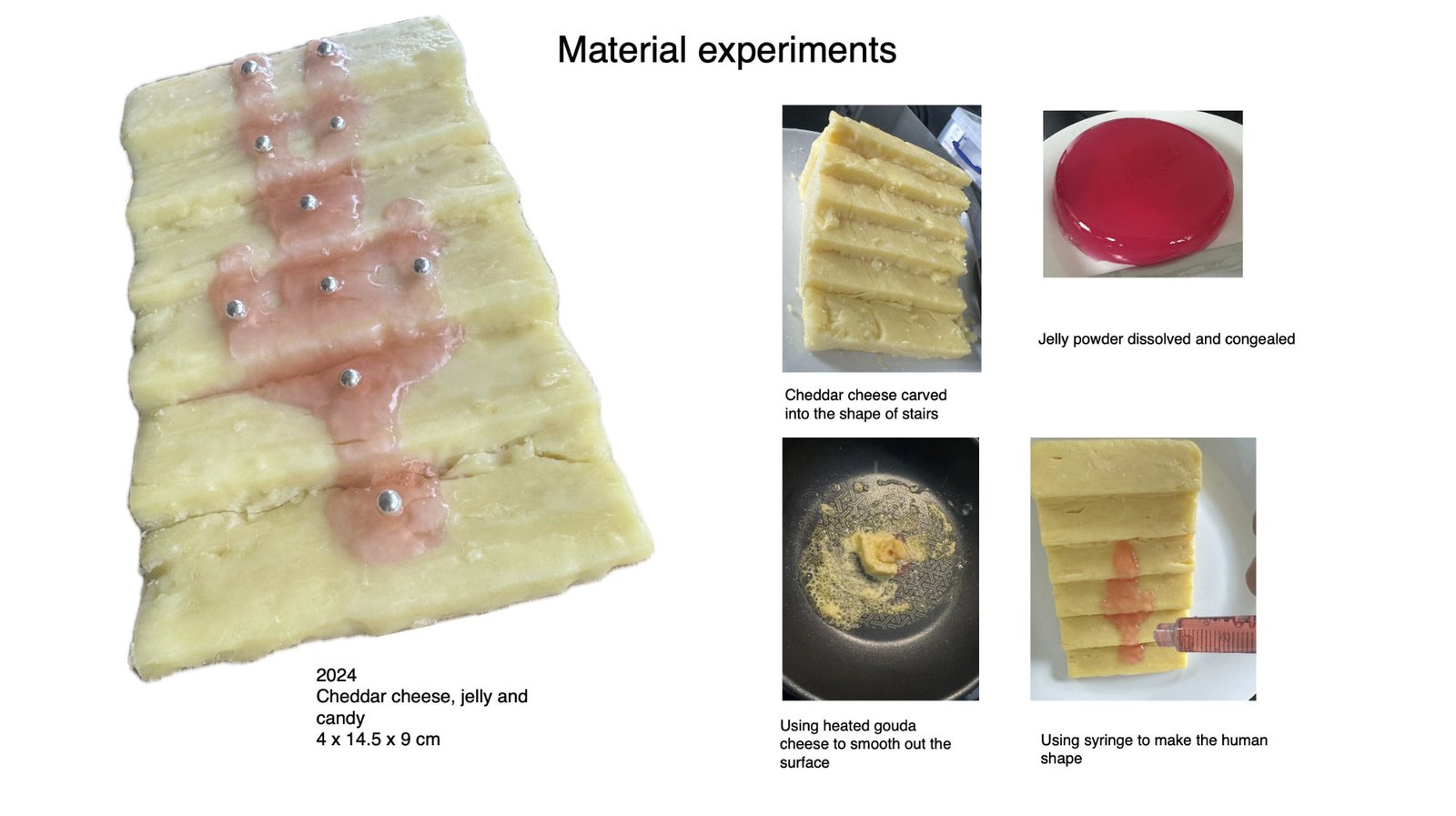 Material experiment using cheese and jelly to study melting form for painting