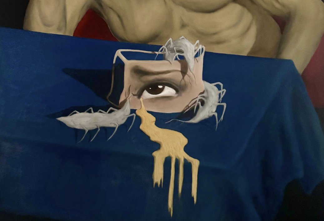 Example painting from a central saint martins ma fine art portfolio showing conceptual figurative work