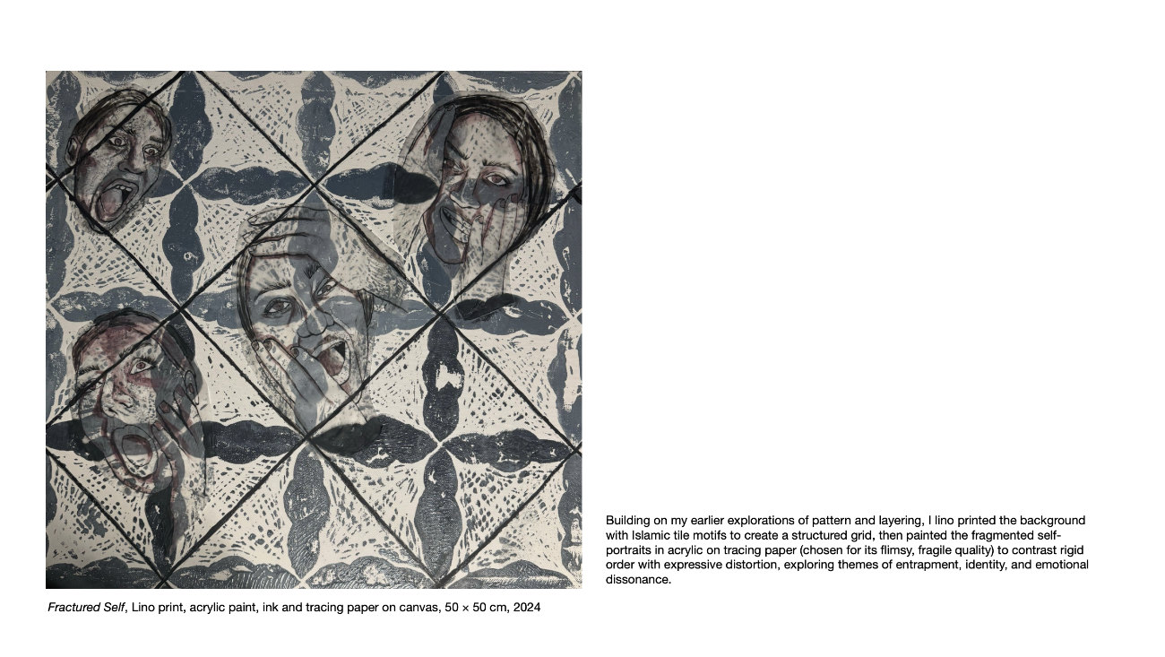 Final fine art portfolio piece combining lino print, collage and painting to explore fragmented identity