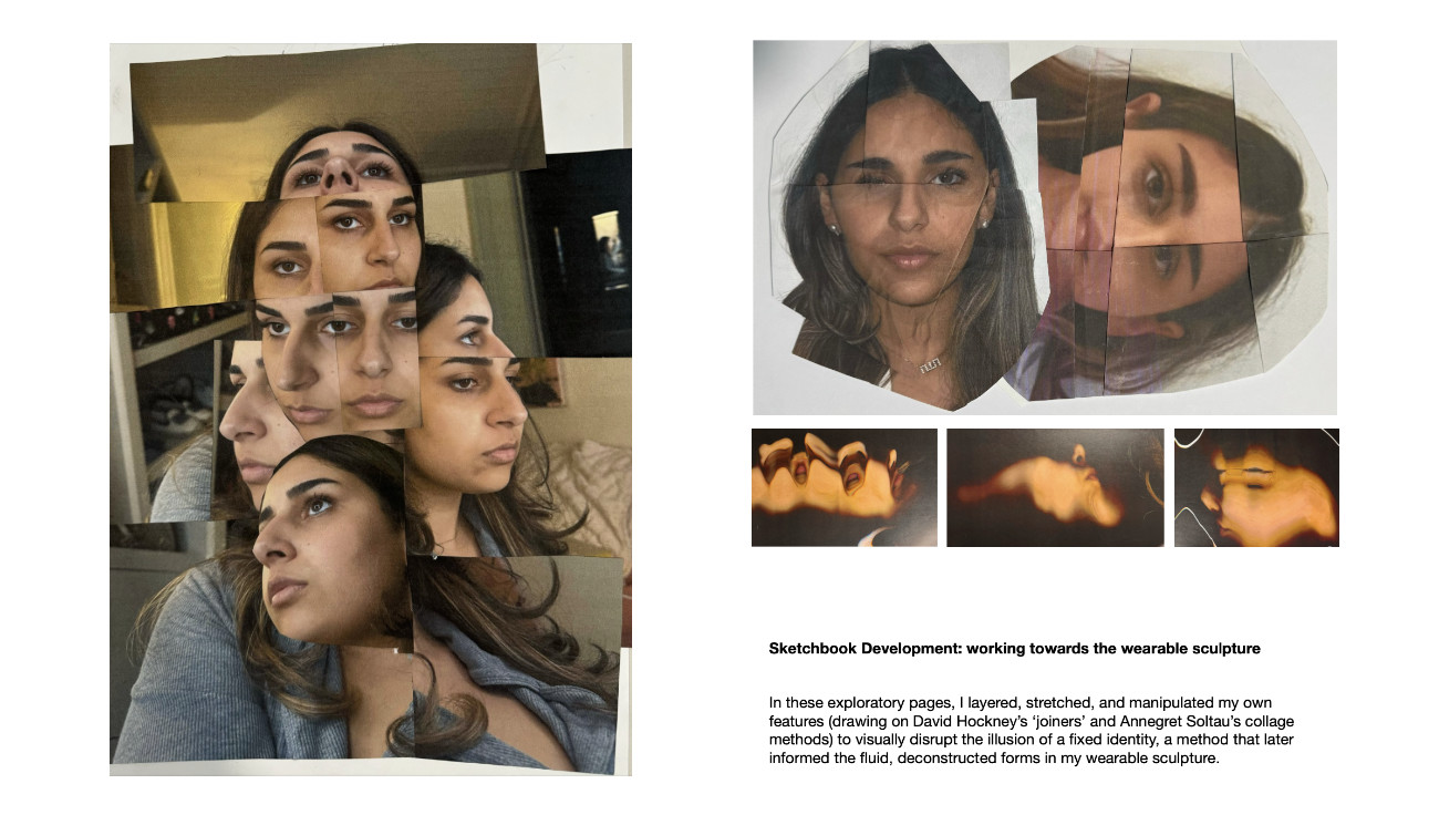 Fine art portfolio sketchbook page developing ideas about identity and fragmentation
