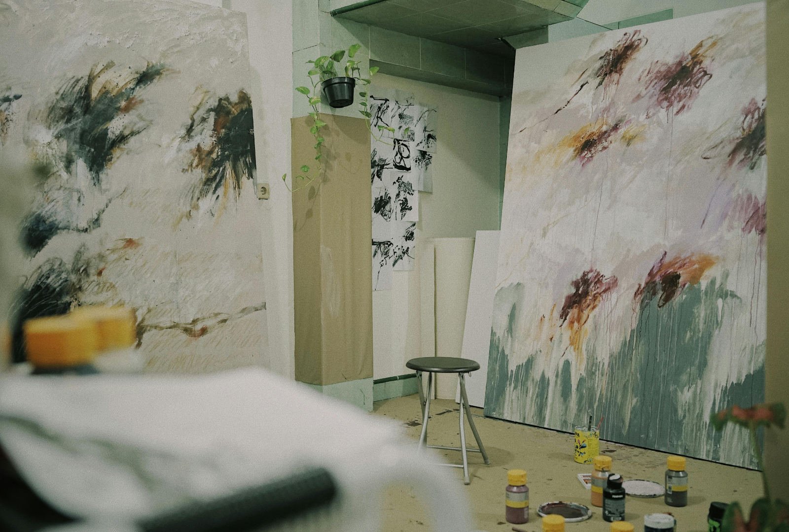 Large abstract paintings in an artist studio, reflecting the experimental studio practice expected in a CalArts MFA Art portfolio.