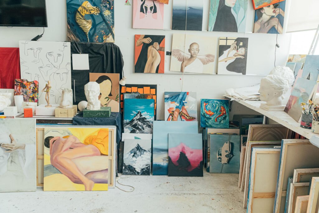 Contemporary fine art studio with paintings, studies and sculptural works in progress for a Slade MA MFA portfolio.