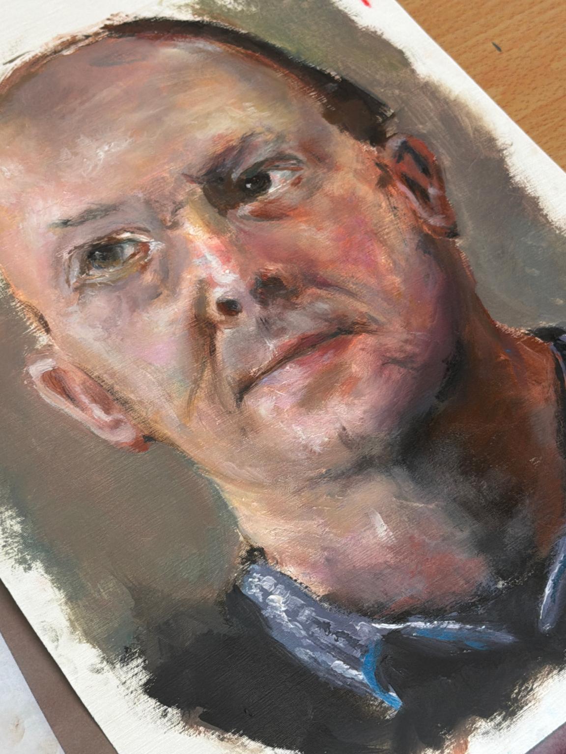 Cadmium student’s painted portrait of a balding man in loose, thick brushwork, illustrating our art foundation portfolio advice