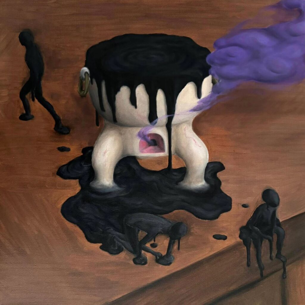 Central Saint Martins MA Fine Art portfolio painting by a Cadmium student: a white form oozing black paint on a wooden table, with purple smoke and small dark figures