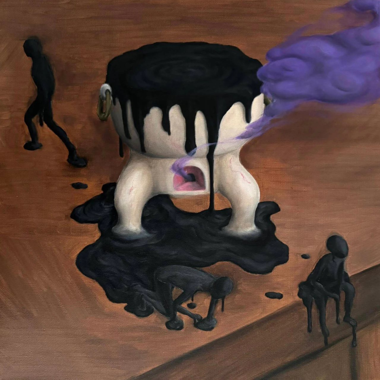 Central Saint Martins MA Fine Art portfolio painting by a Cadmium student: a white form oozing black paint on a wooden table, with purple smoke and small dark figures