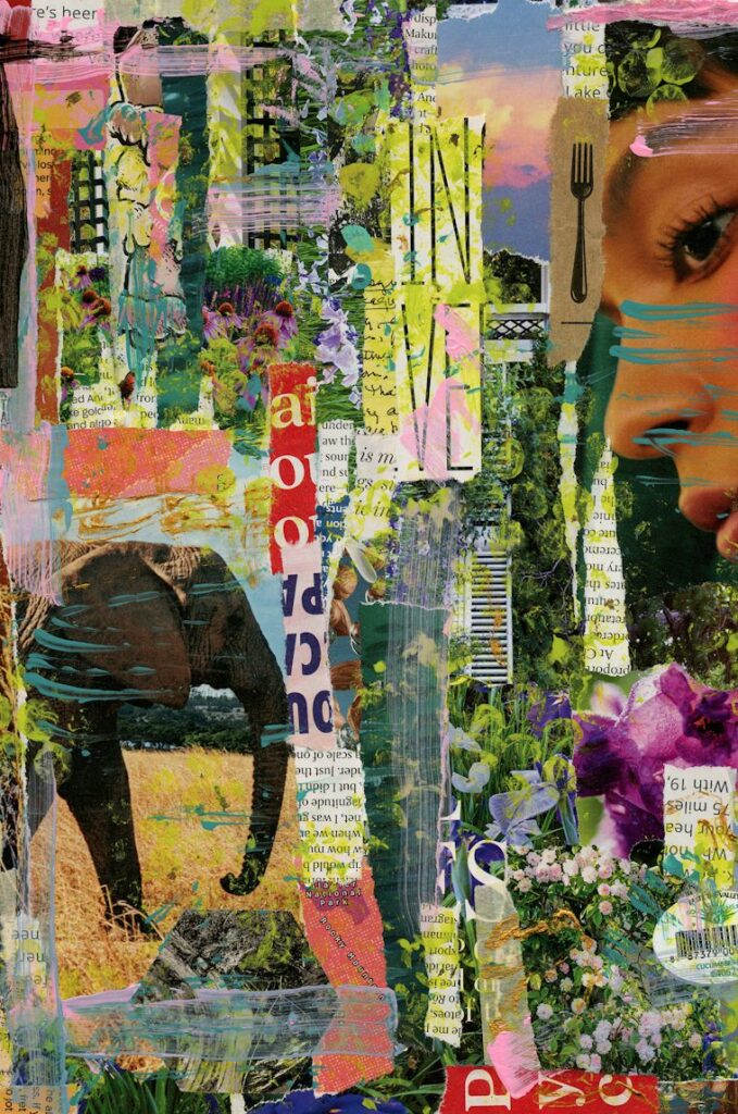 Mixed media collage of a face surrounded by cut words and images, for applicants working out how to get into Chelsea BA Fine Art