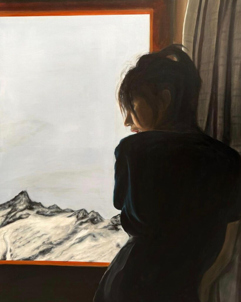 Cadmium student’s painting of a woman in dark clothes at a window, looking out at snowy mountains, illustrating our guide to 2027 art school deadlines