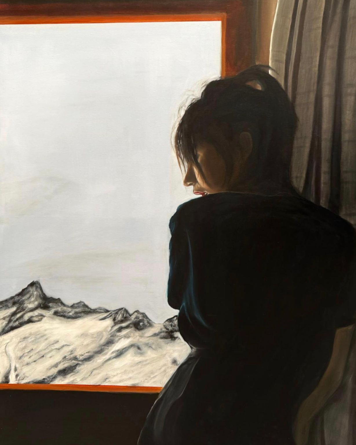 Cadmium student’s painting of a woman in dark clothes at a window, looking out at snowy mountains, illustrating our guide to 2027 art school deadlines