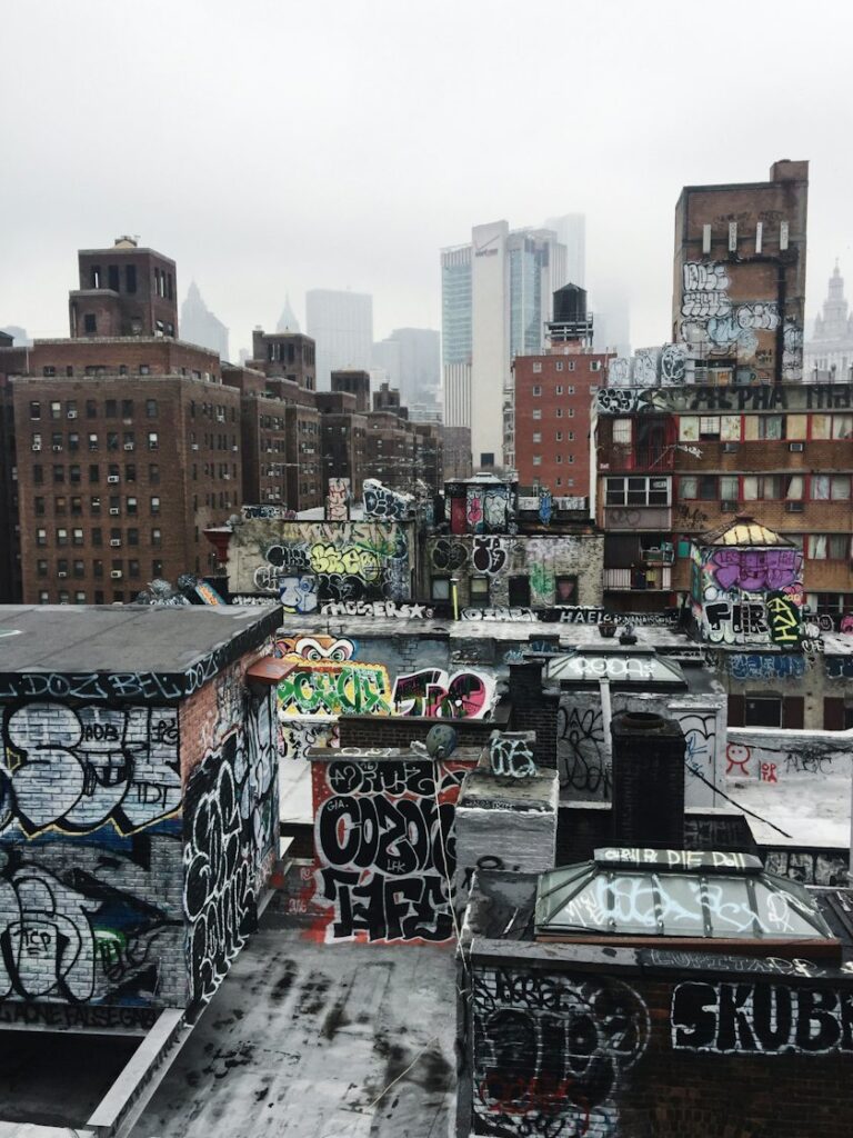 Graffiti-covered rooftops in Chinatown, Manhattan, for applicants preparing a School of Visual Arts BFA Fine Arts portfolio