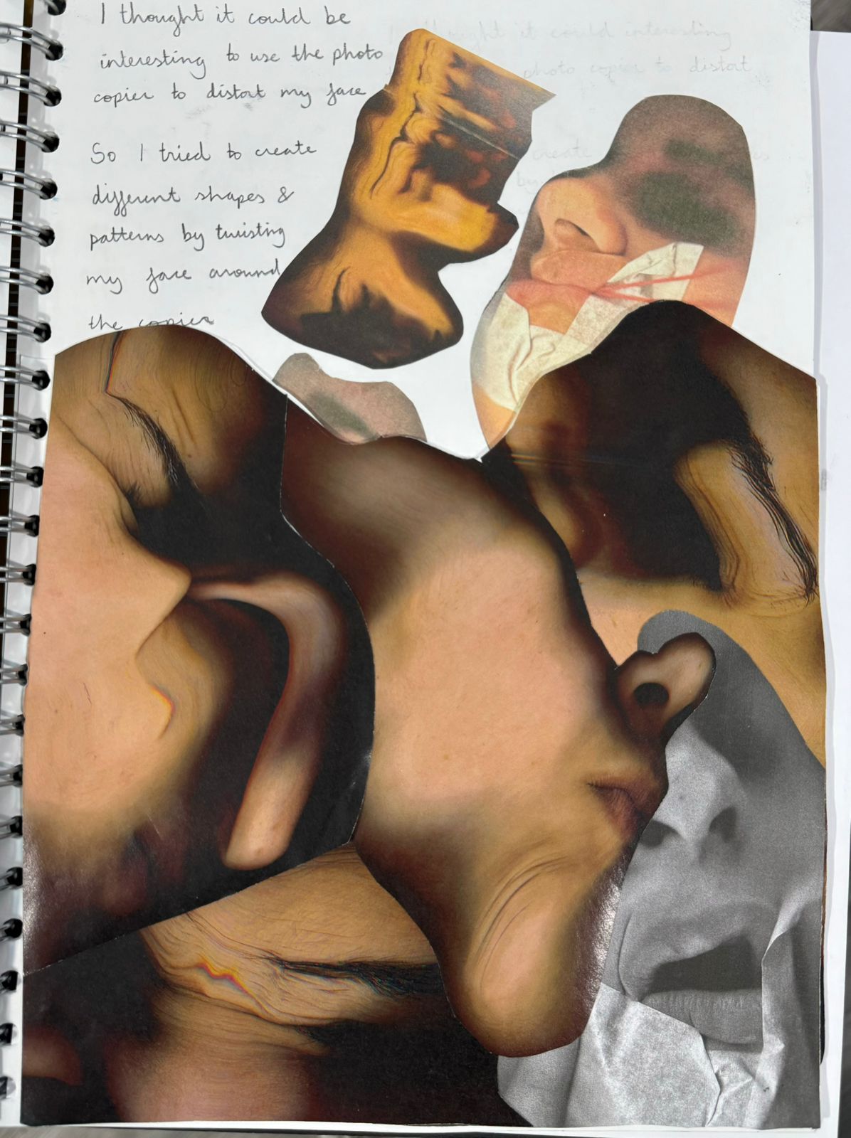 Example page for an art foundation portfolio: a sketchbook page with a large collaged close-up of lips and a nose