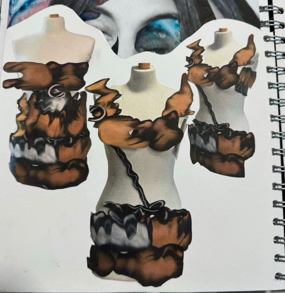 Sketchbook page with cut-out dress forms wrapped in brown and orange textured shapes, below a cropped close-up of eyes