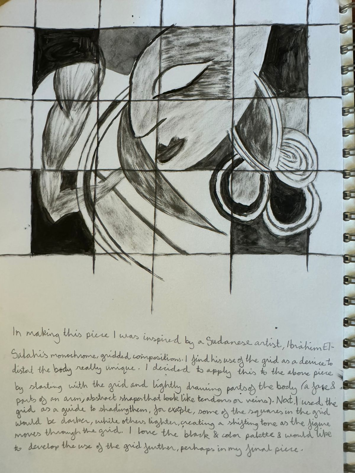 Example page for a Yale art supplement: a sketchbook page with gridded charcoal faces and handwritten notes