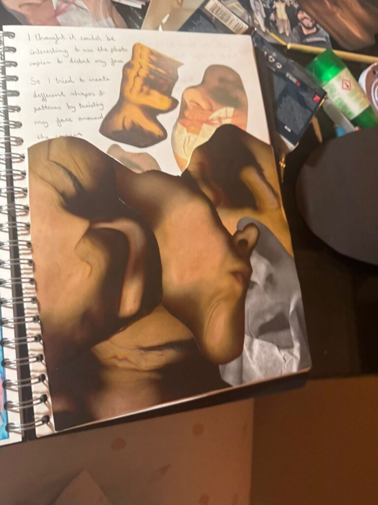 Sketchbook page with a close-up photograph, ochre cut-out shapes and handwritten notes: an example to go with our Goldsmiths BA Fine Art portfolio advice
