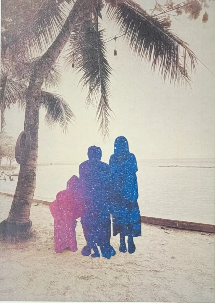 Old family beach photo with the figures cut out and filled with a galaxy, from Yuxin's portfolio for her art school applications