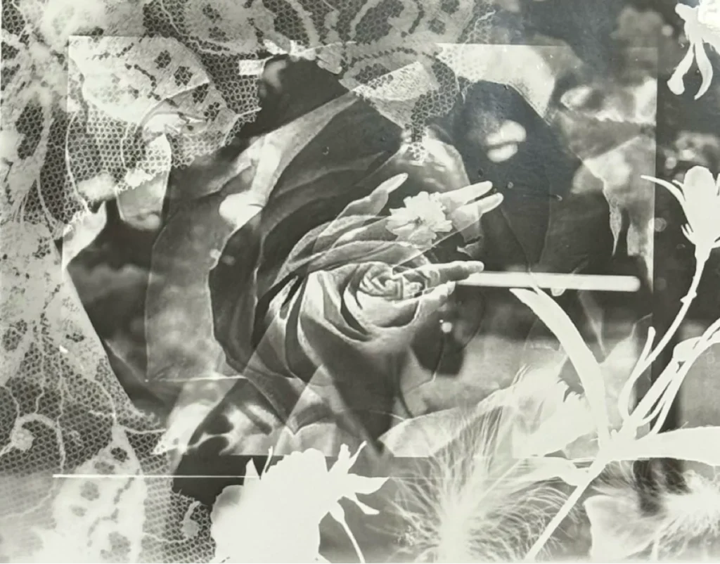 Black and white photograph of a hand holding a rose, layered with white lace